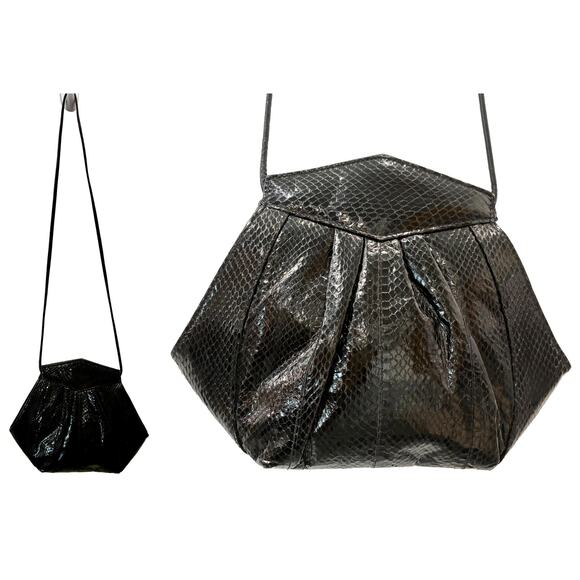Vintage 80s Black Snakeskin Geometric Shoulder Bag Hexagon Pleated Purse - Picture 4 of 12